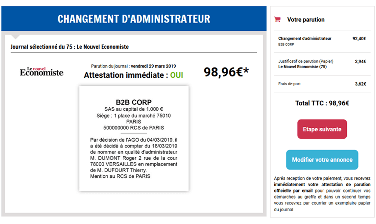 prix annonce légale changement administrateur