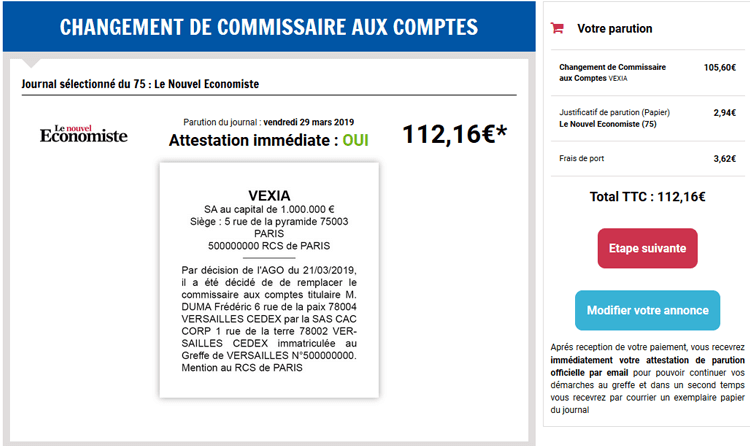 prix annonce légale changement de commissaires aux comptes