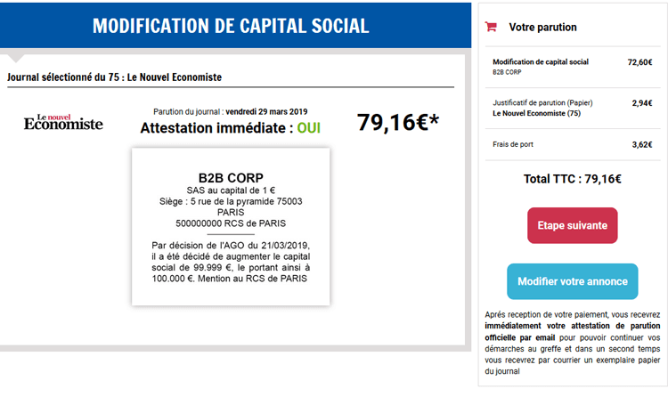 prix annonce legale modification du capital