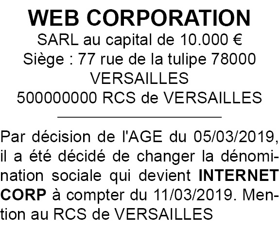 modele annonce legale changement denomination 78