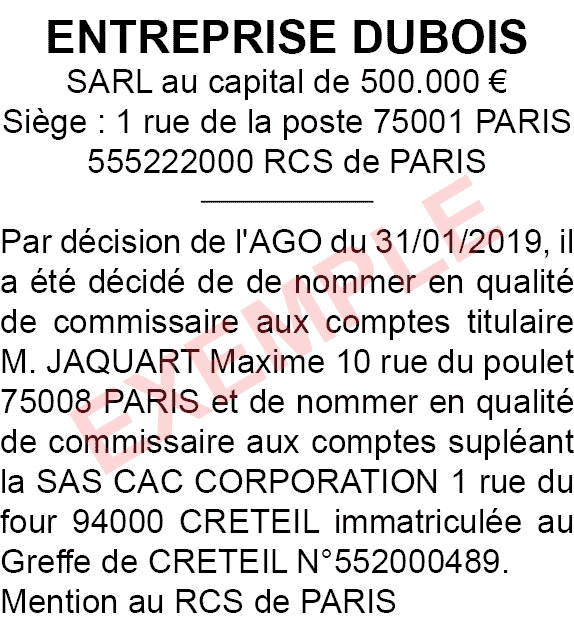 modèle annonce légale de changement de commissaires aux comptes