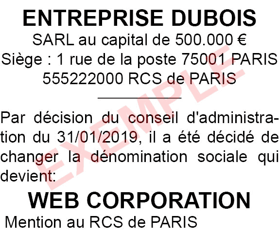 modèle annonce légale de changement de dénomination