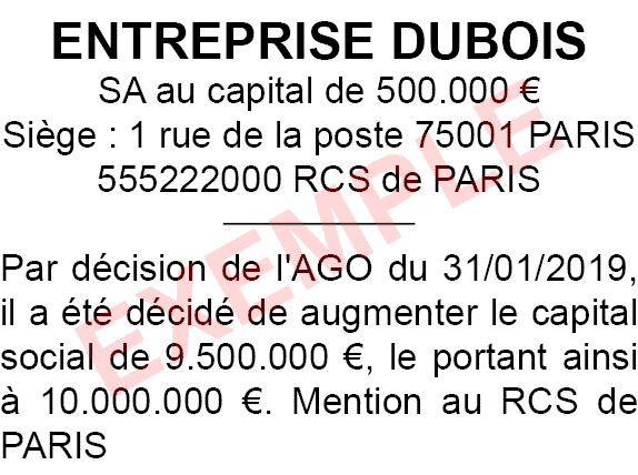 modele annonce légale de modification du capital