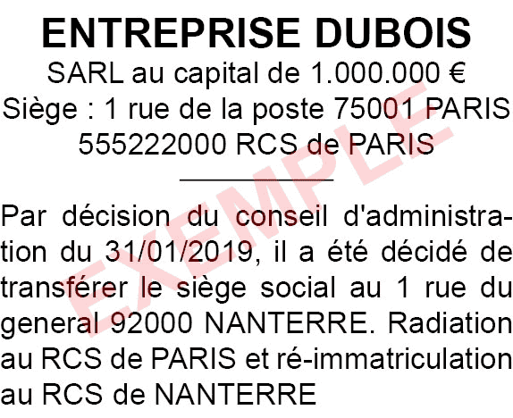 modèle annonce légale transfert de siège ressort départ