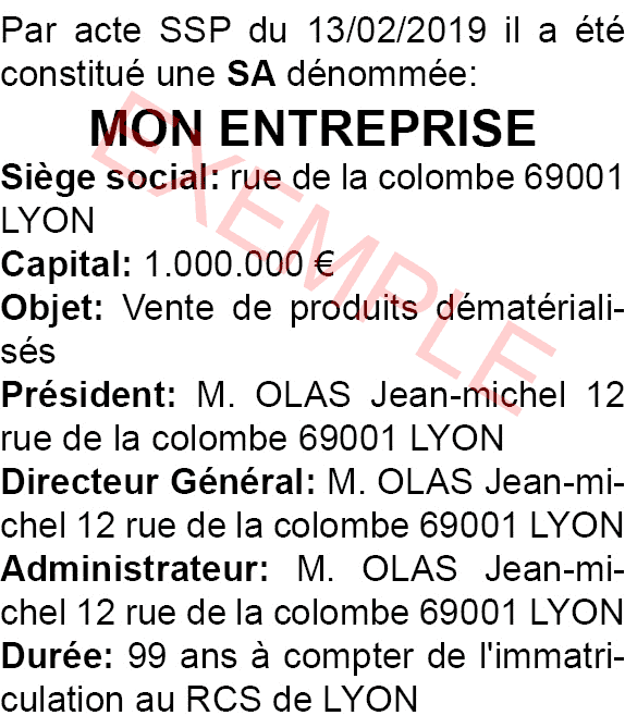 modele annonce legale creation SA lyon