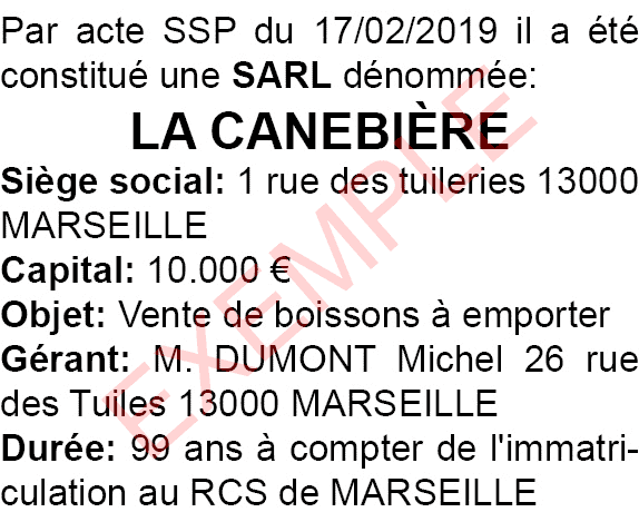 modele annonce legale creation SArl marseille